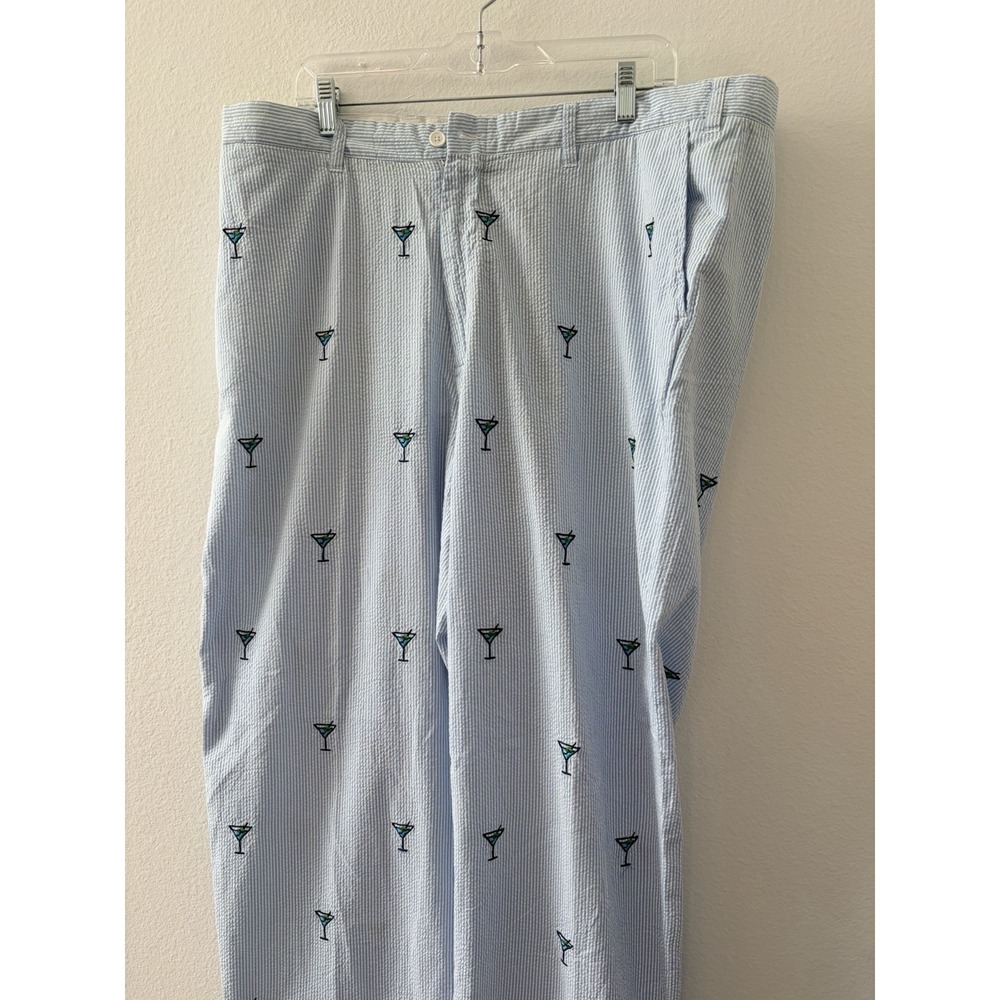 Castaway Seersucker Pants Mens 40 Blue White Striped Embroidered Martini Glass